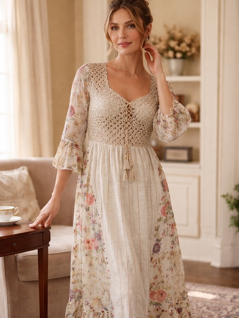 Boho Lace-Front Maxi Dress in Cream Floral
